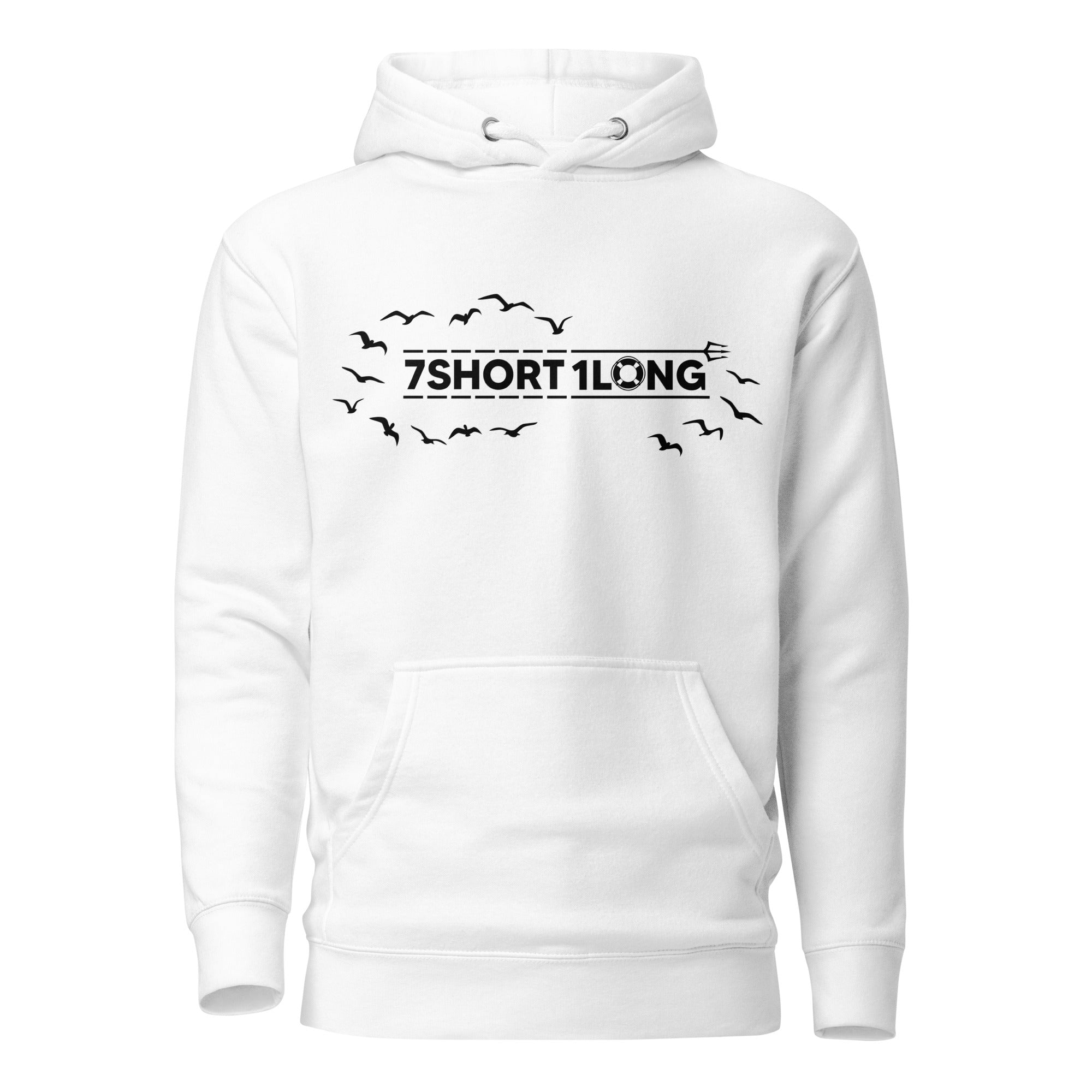 Hoodie featuring the 7SHORT1LONG logo surrounded by flying seagulls, inspired by life at sea, seabirds following ships, and modern seafarer identity. Main image