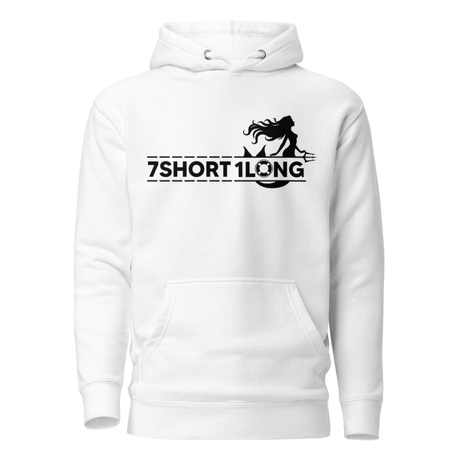 hoodie featuring a white mermaid graphic combined with the 7SHORT1LONG logo, inspired by maritime mythology, seafarer folklore, and modern crew identity. Hover Image