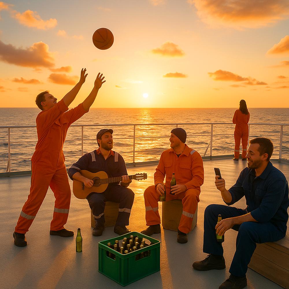 crew life for sailors on a ship at sunset