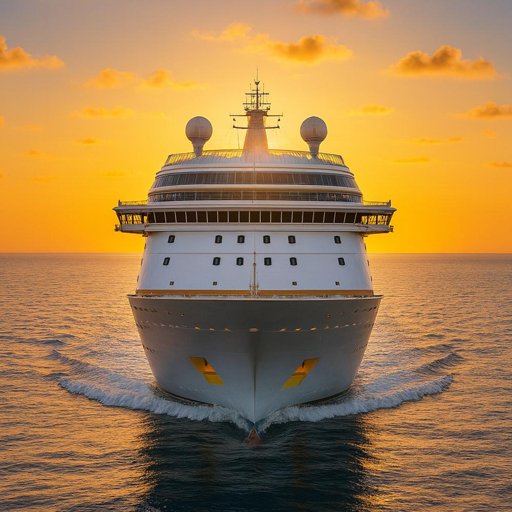Cruise ship sailing on the ocean at sunset