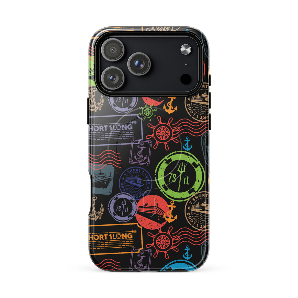 iPhone case with passport stamps and  black background