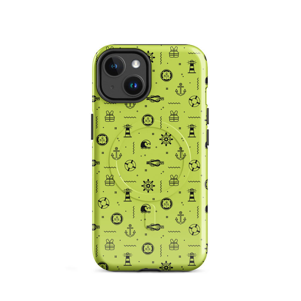 IPhone case with black pattern on a lemon green background
