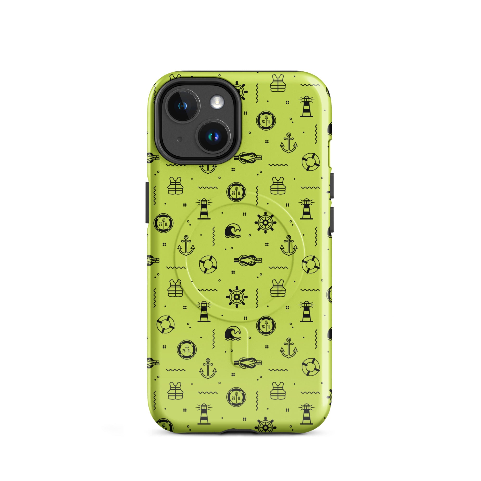 IPhone case with black pattern on a lemon green background