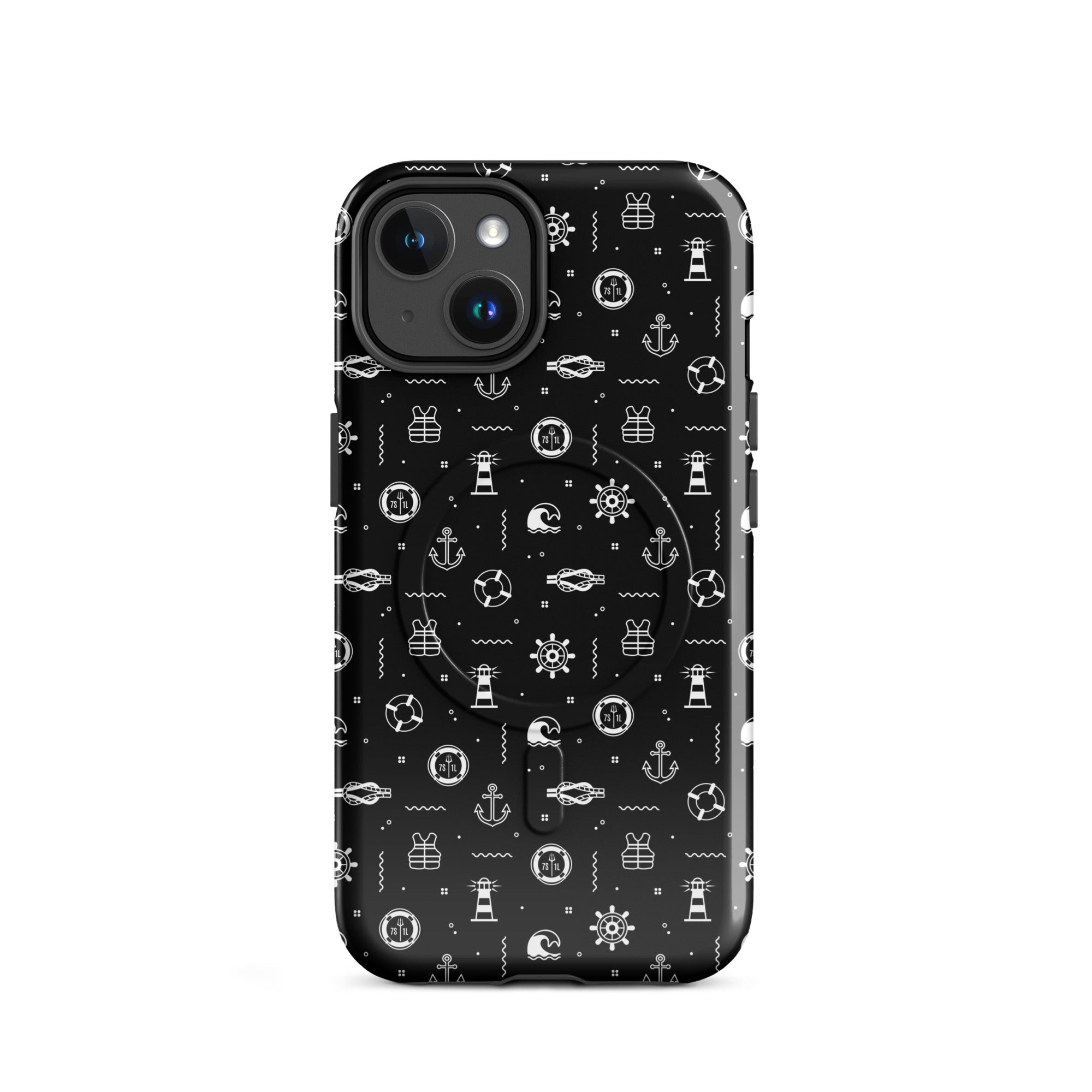iPhone case with maritime pattern on a black background