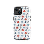 Phone case with nautical pattern featuring octopuses, anchors, and fish on a white background