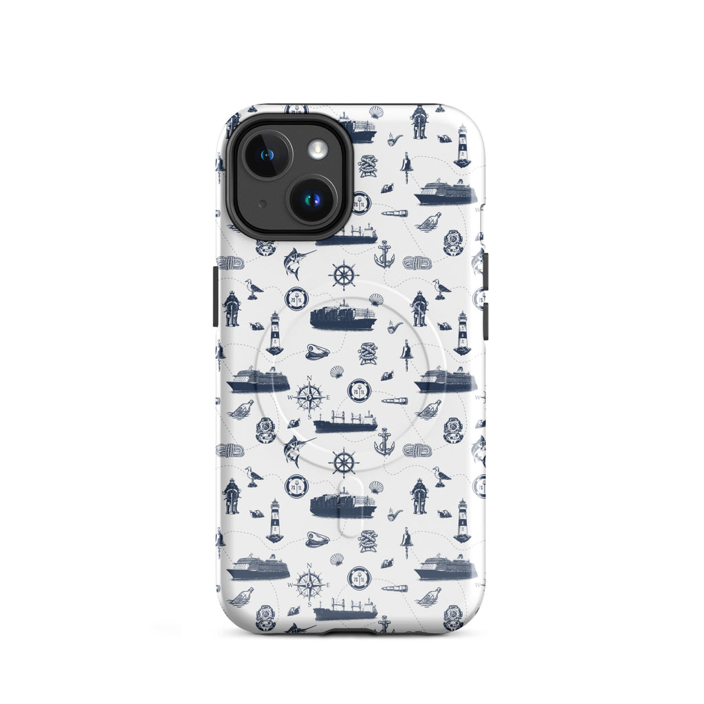 iPhone case with navy lexury nautical pattern on a white background