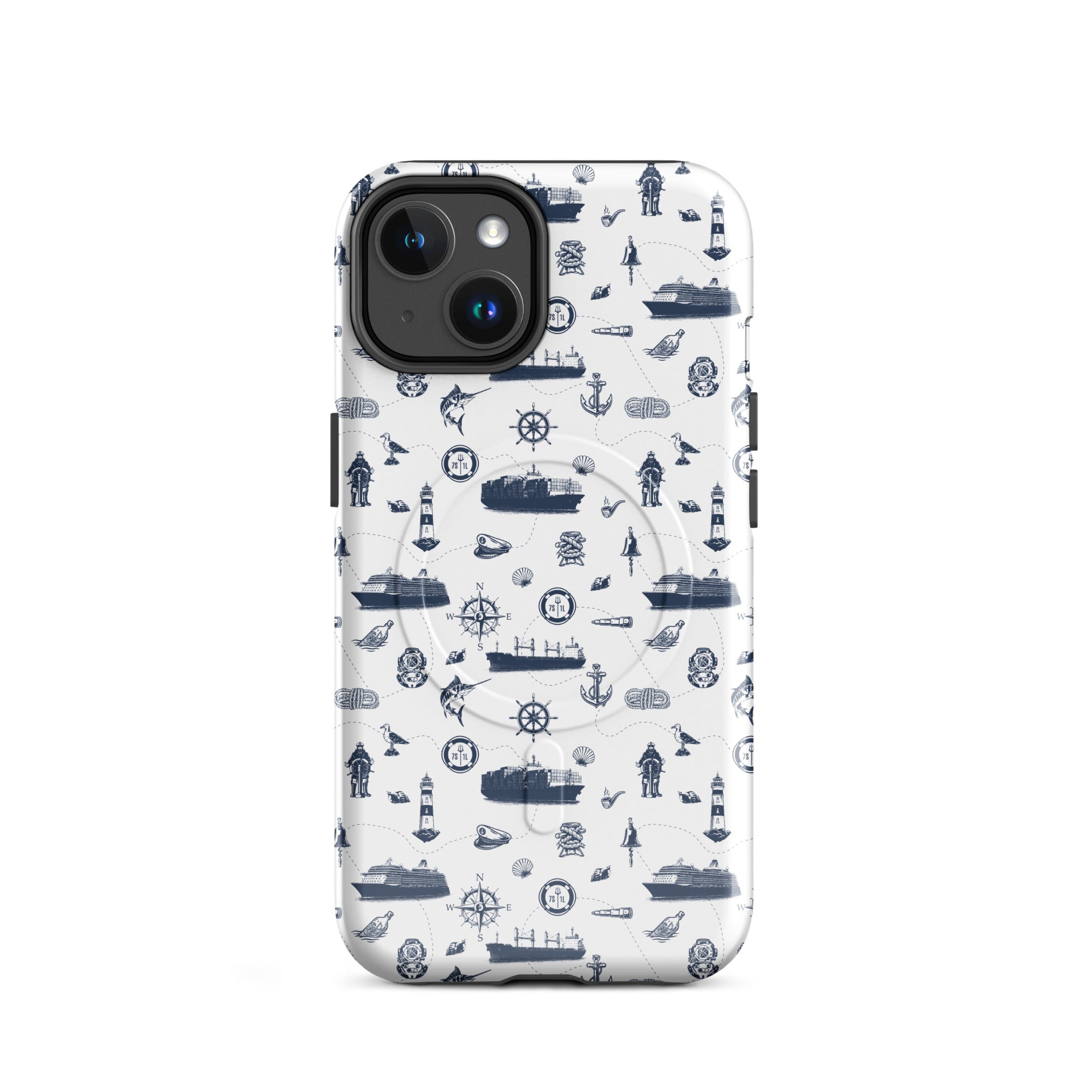 iPhone case with navy lexury nautical pattern on a white background