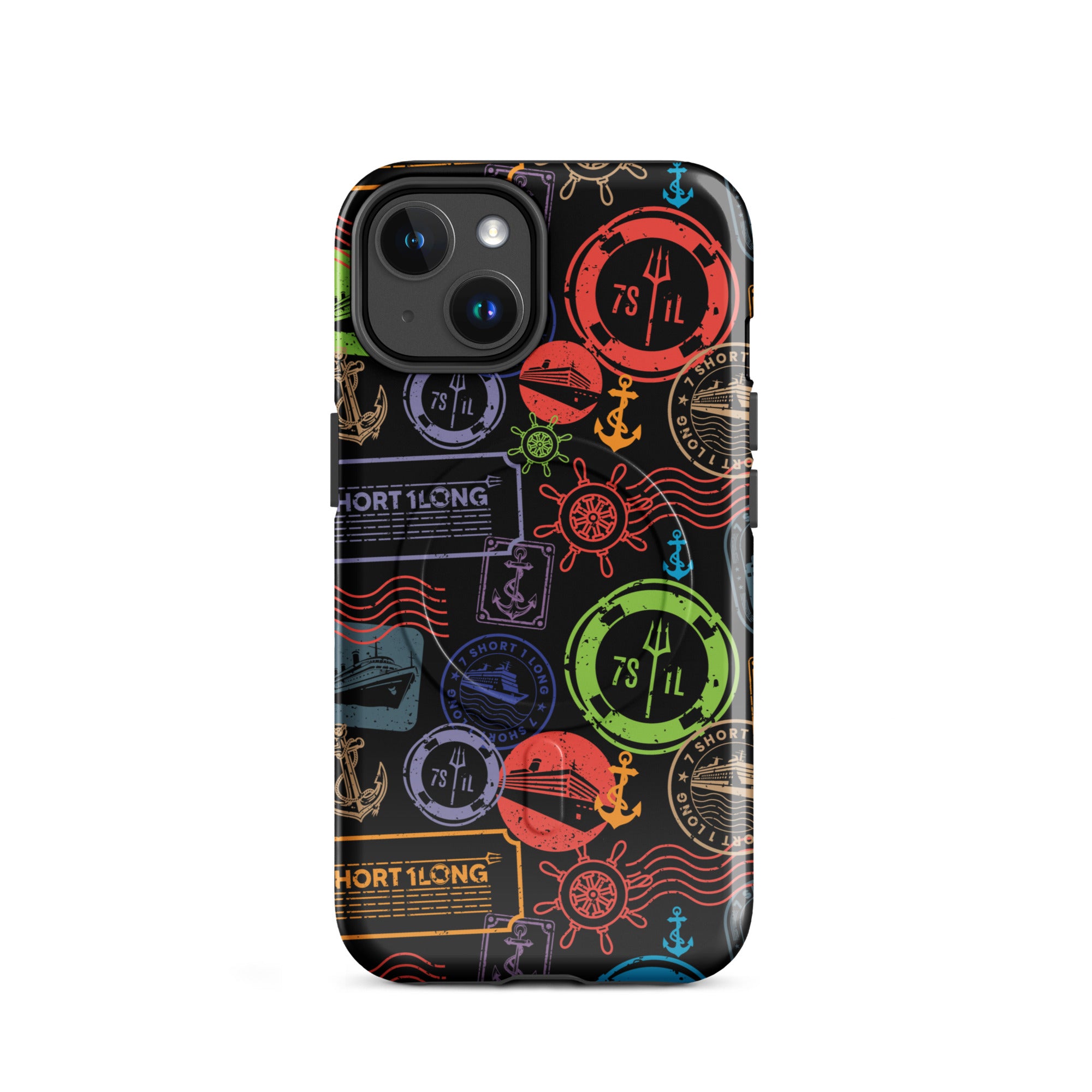 iPhone case with passport stamps and  black background