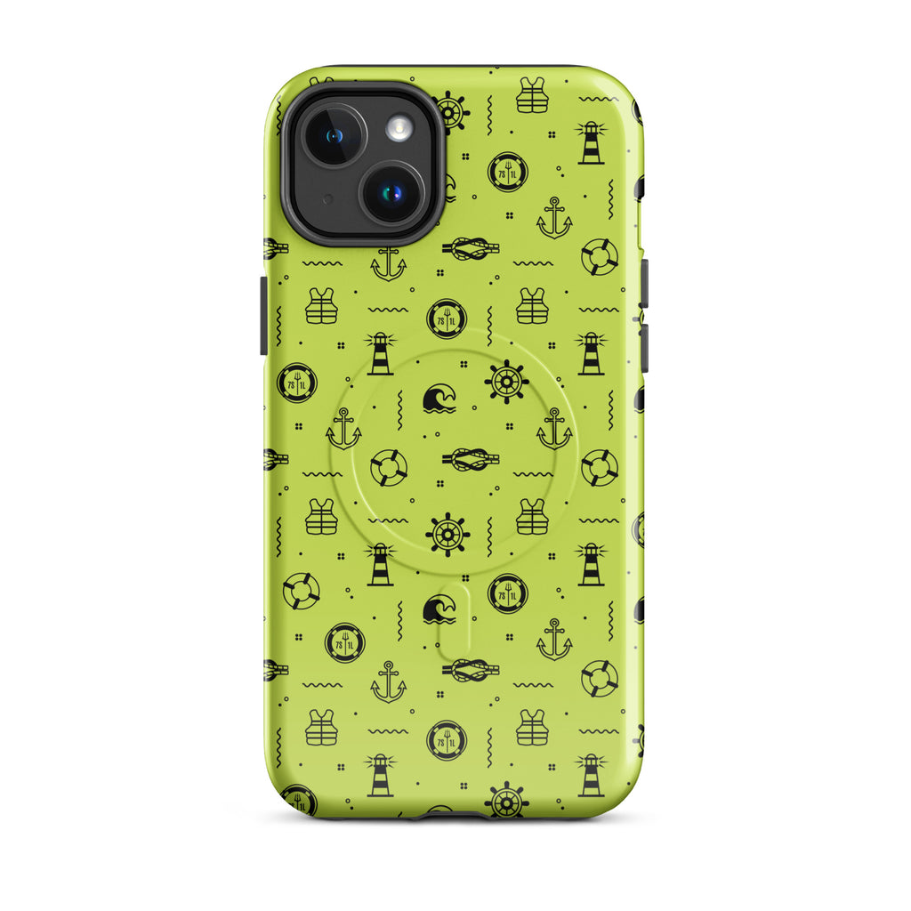 IPhone case with black pattern on a lemon green background
