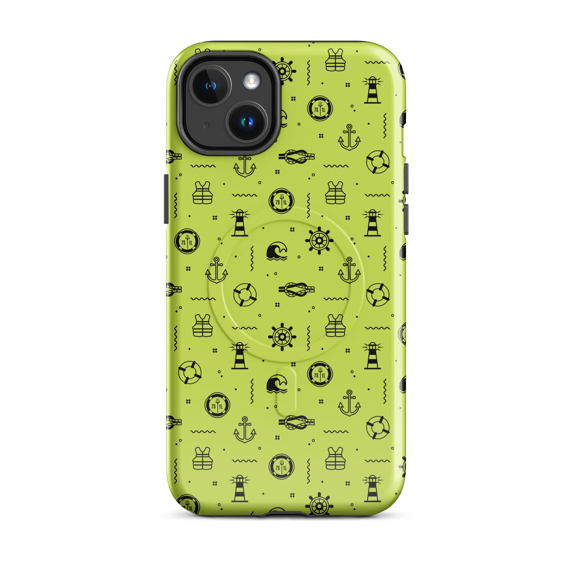 IPhone case with black pattern on a lemon green background