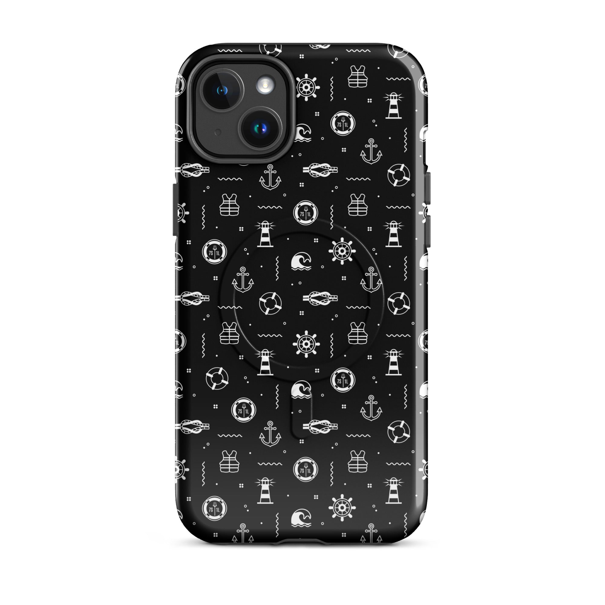 iPhone case with maritime pattern on a black background