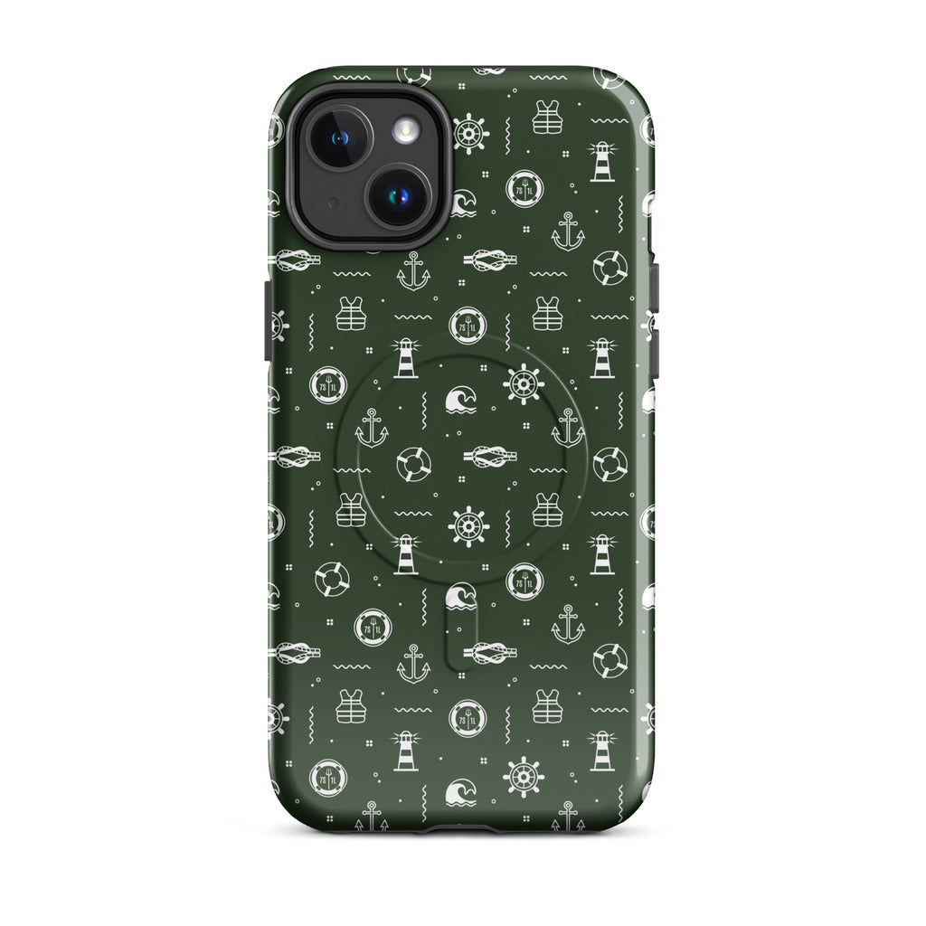 iPhone case with maritime pattern on a green background