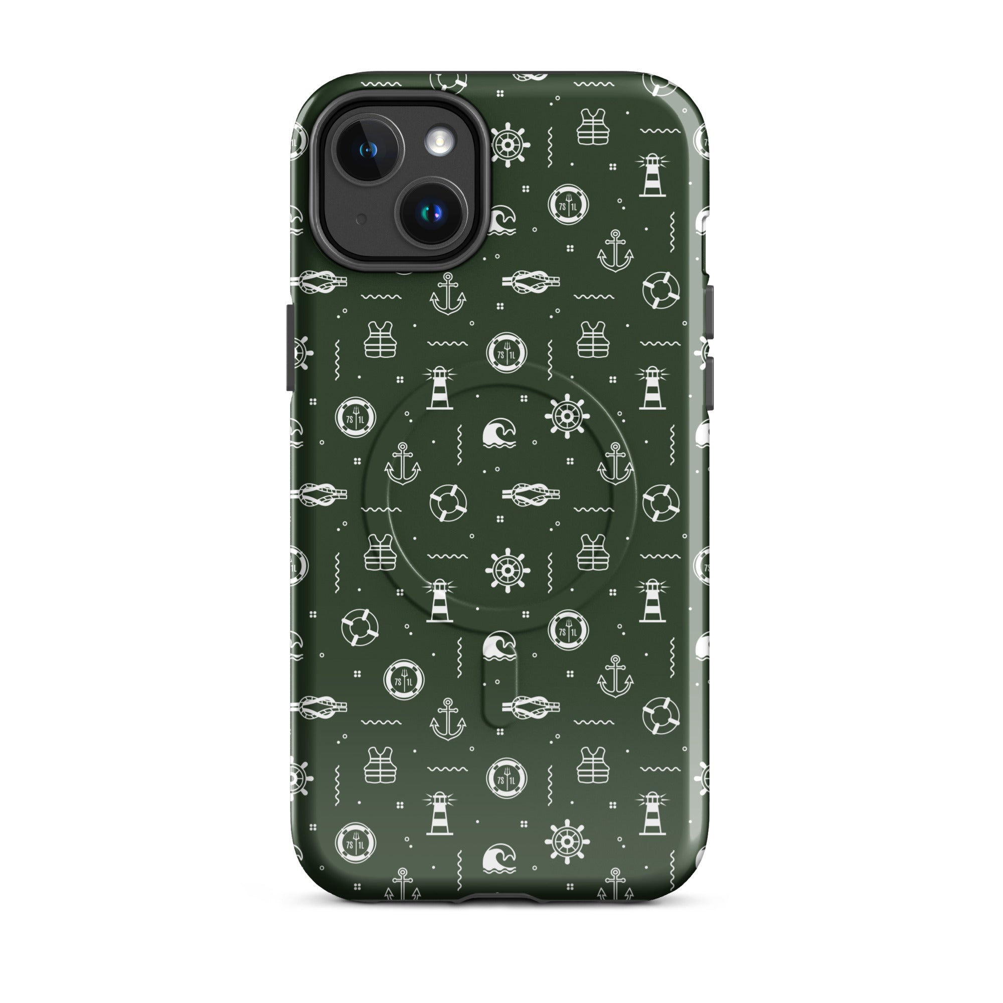 iPhone case with maritime pattern on a green background