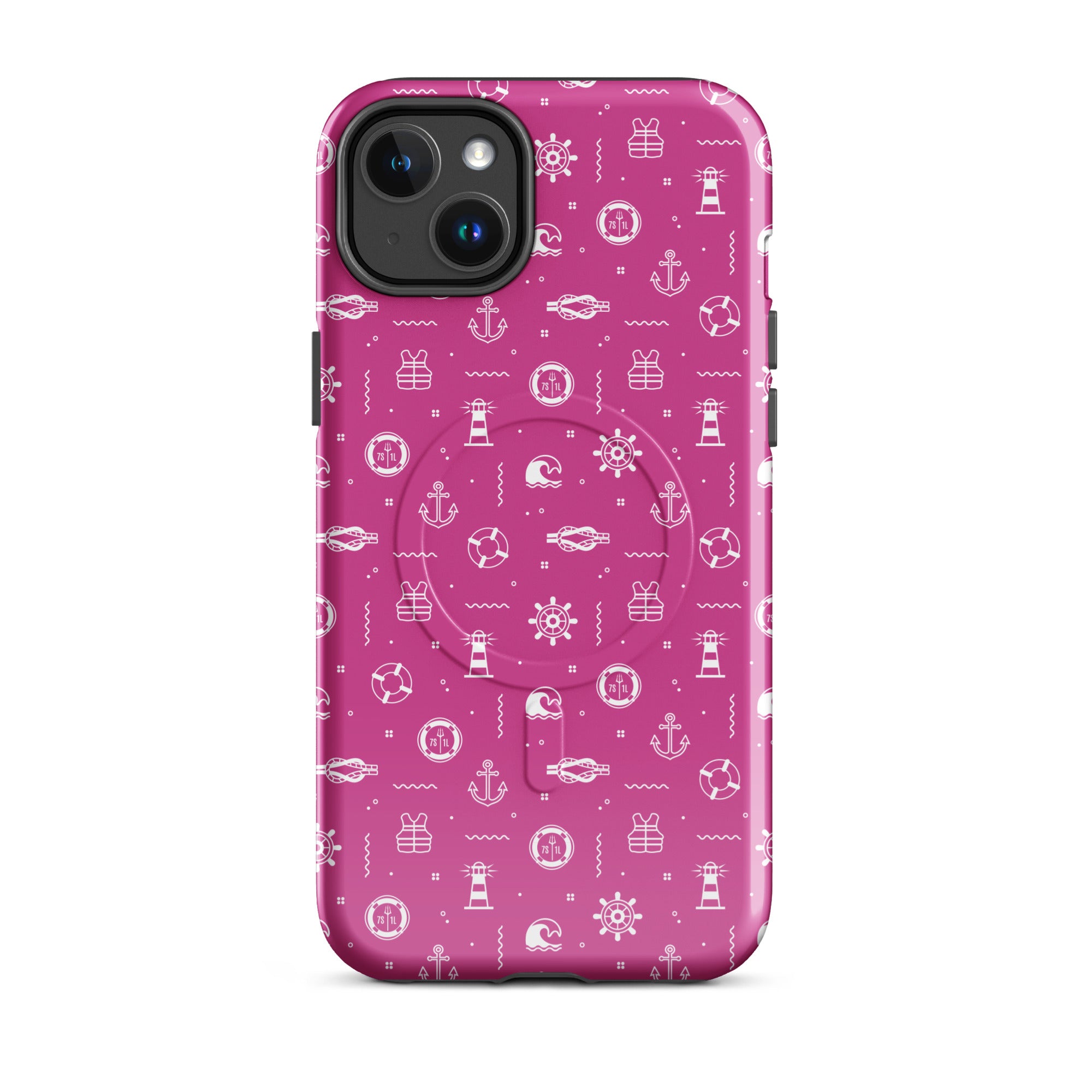 iPhone case with a pink background and white nautical maritime design 