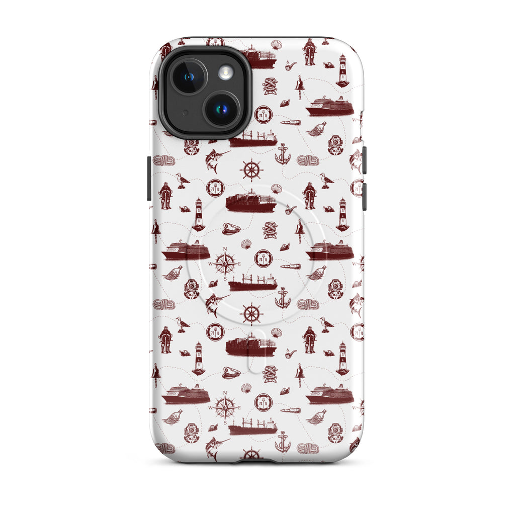 Phone case with red maritime pattern on a white background
