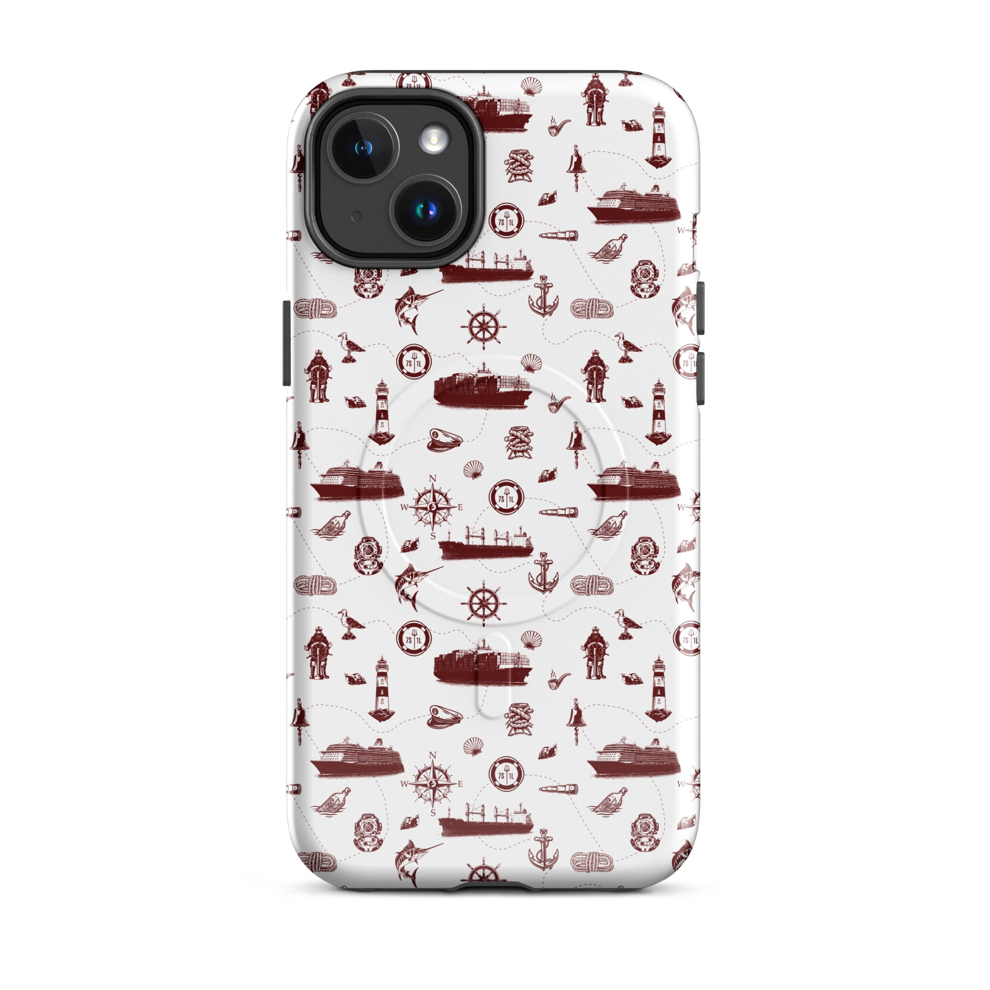 Phone case with red maritime pattern on a white background