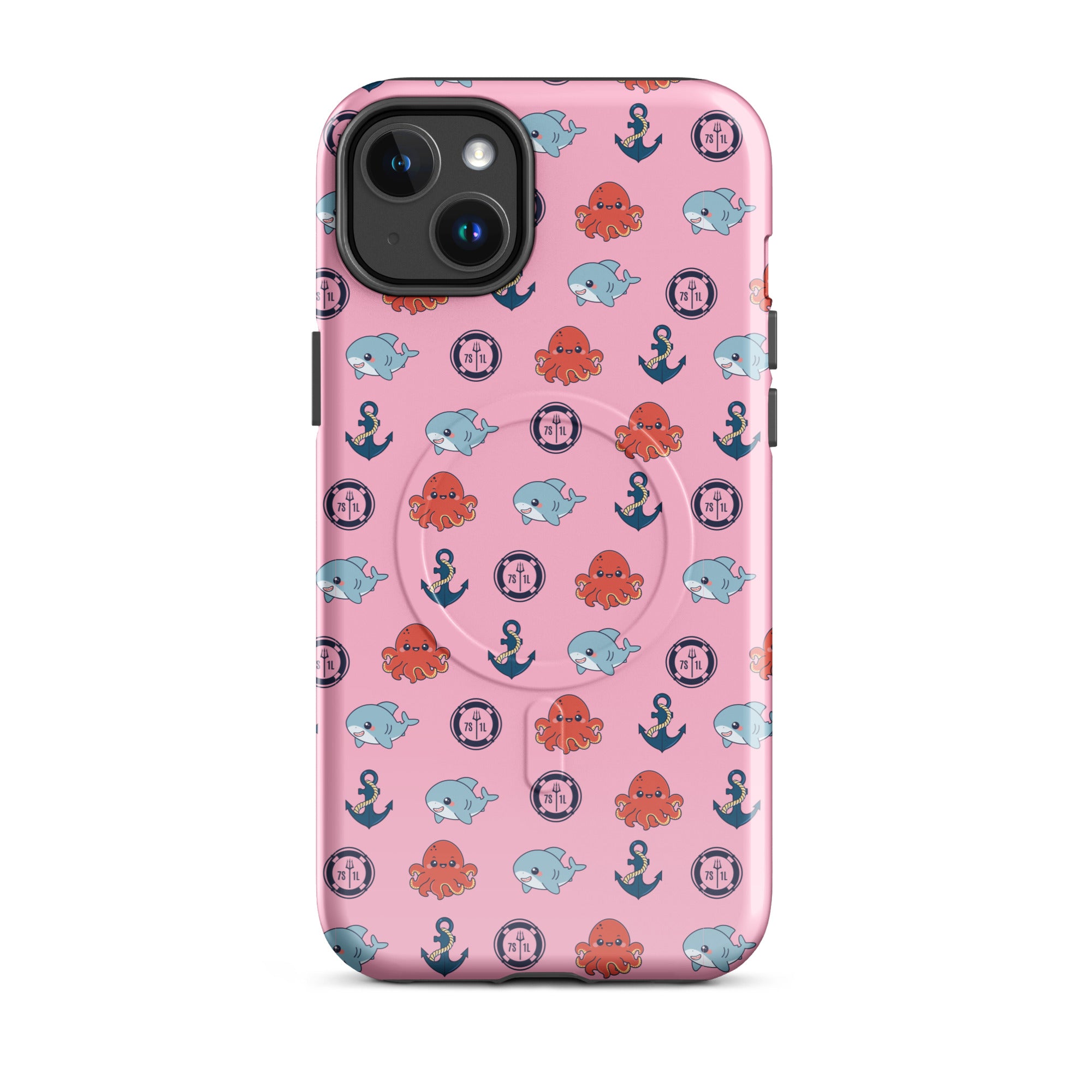 iphone case in pink with baby octopus and baby shark