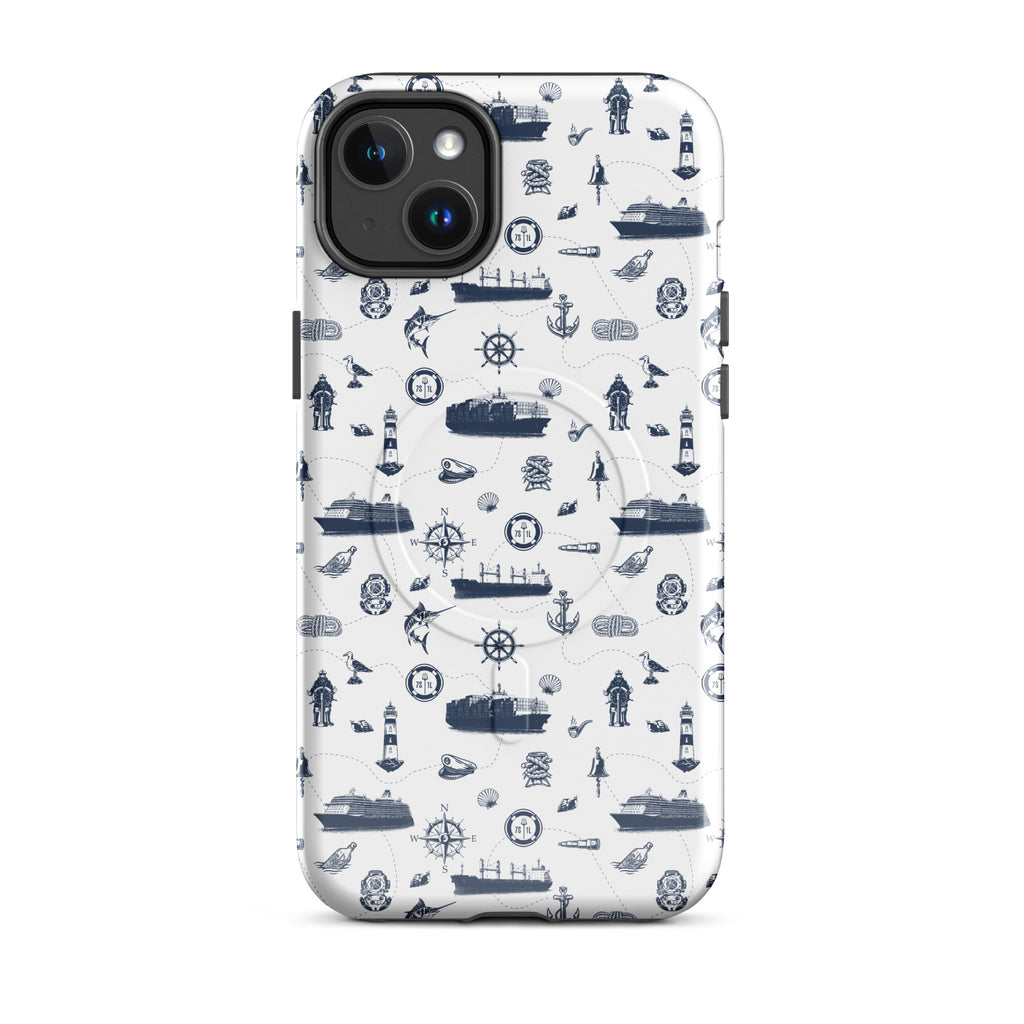 iPhone case with navy lexury nautical pattern on a white background