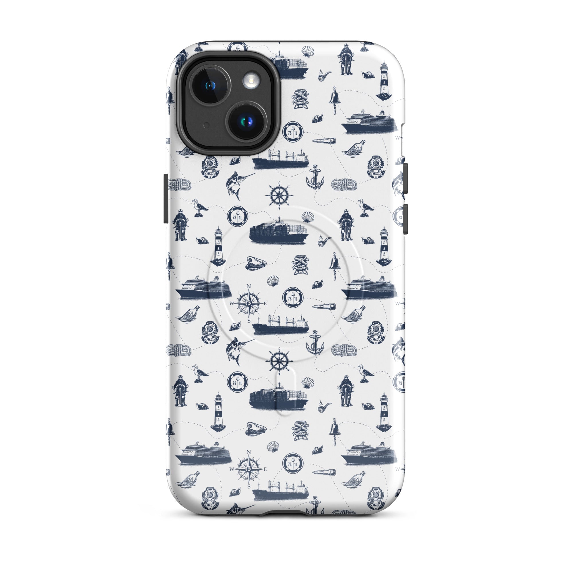 iPhone case with navy lexury nautical pattern on a white background
