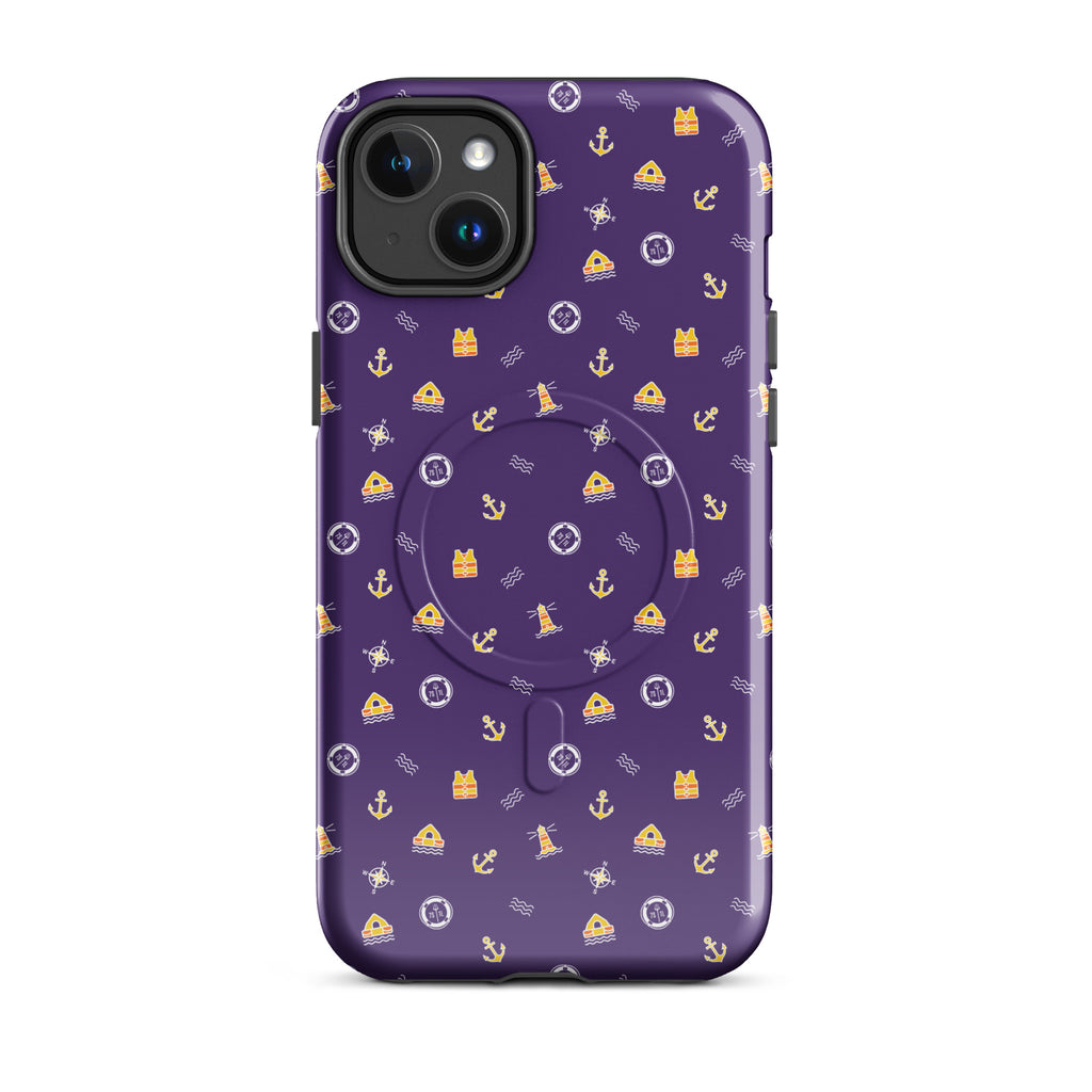 Phone case with a purple background and small icons on a white background