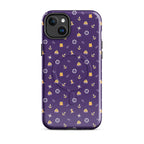 Phone case with a purple background and small icons on a white background