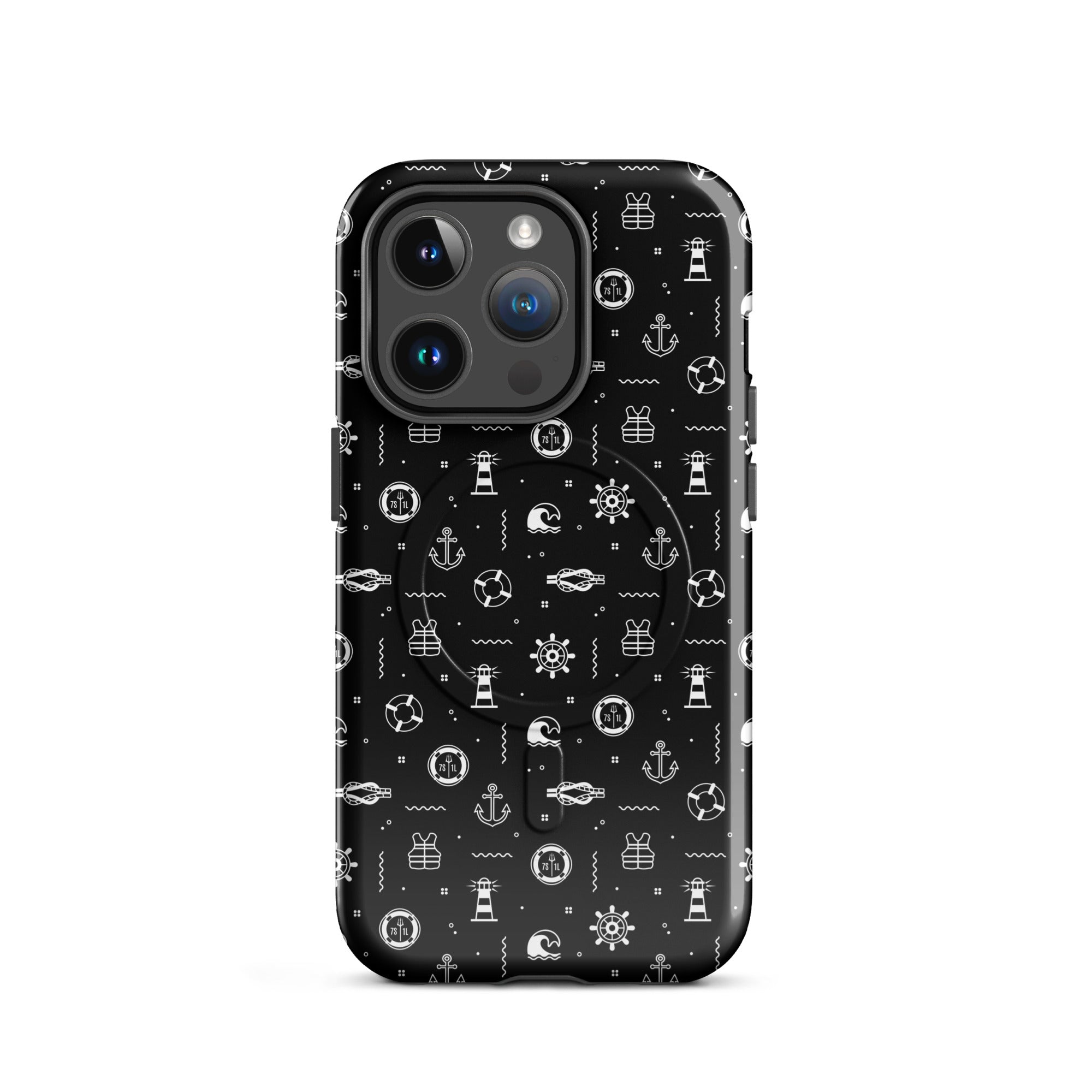 iPhone case with maritime pattern on a black background