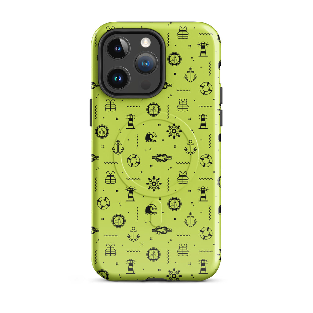IPhone case with black pattern on a lemon green background