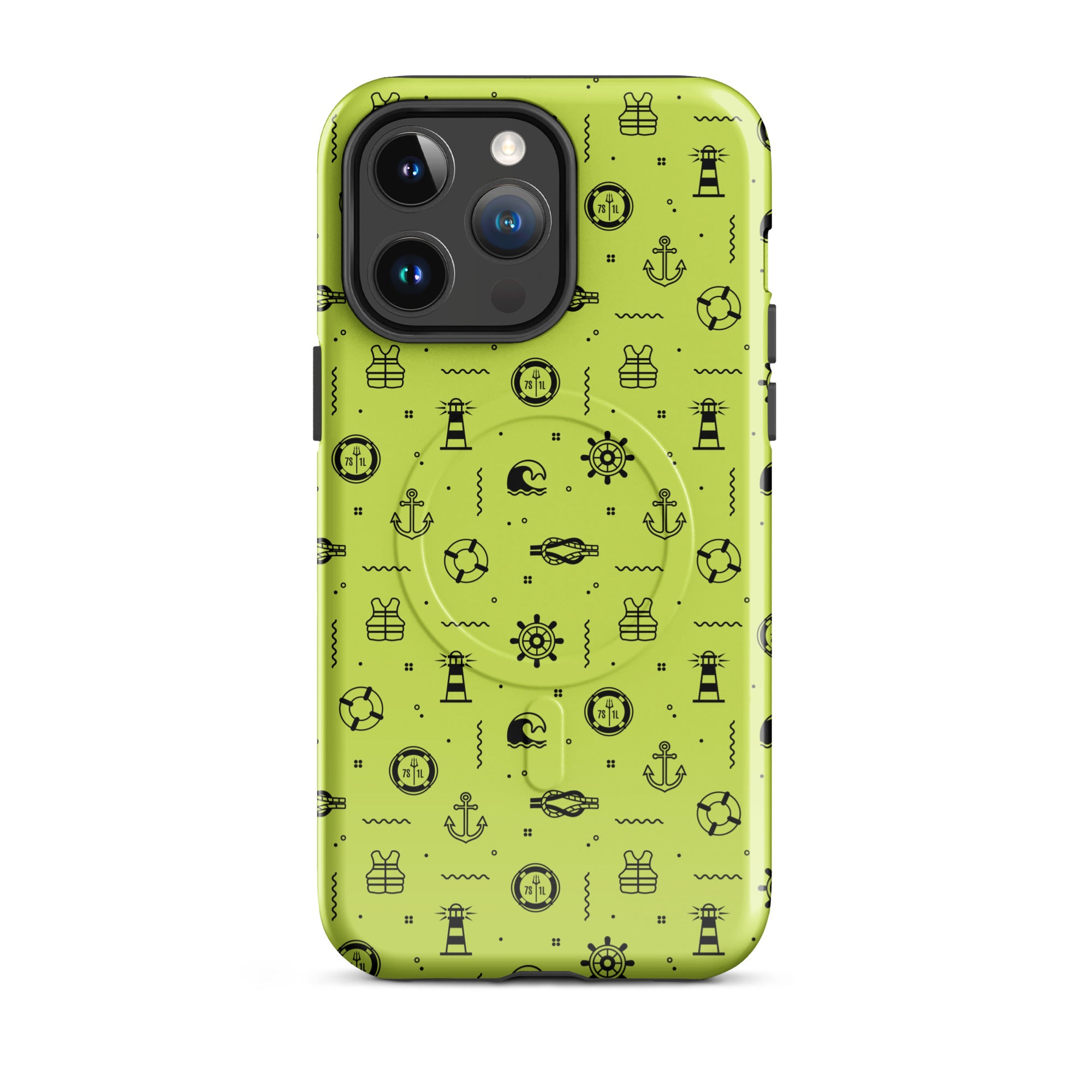 IPhone case with black pattern on a lemon green background