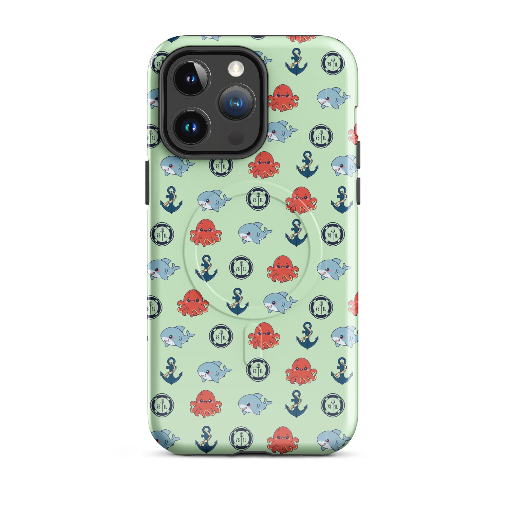 Phone case with nautical pattern featuring baby octopuses, anchors, and baby shark
