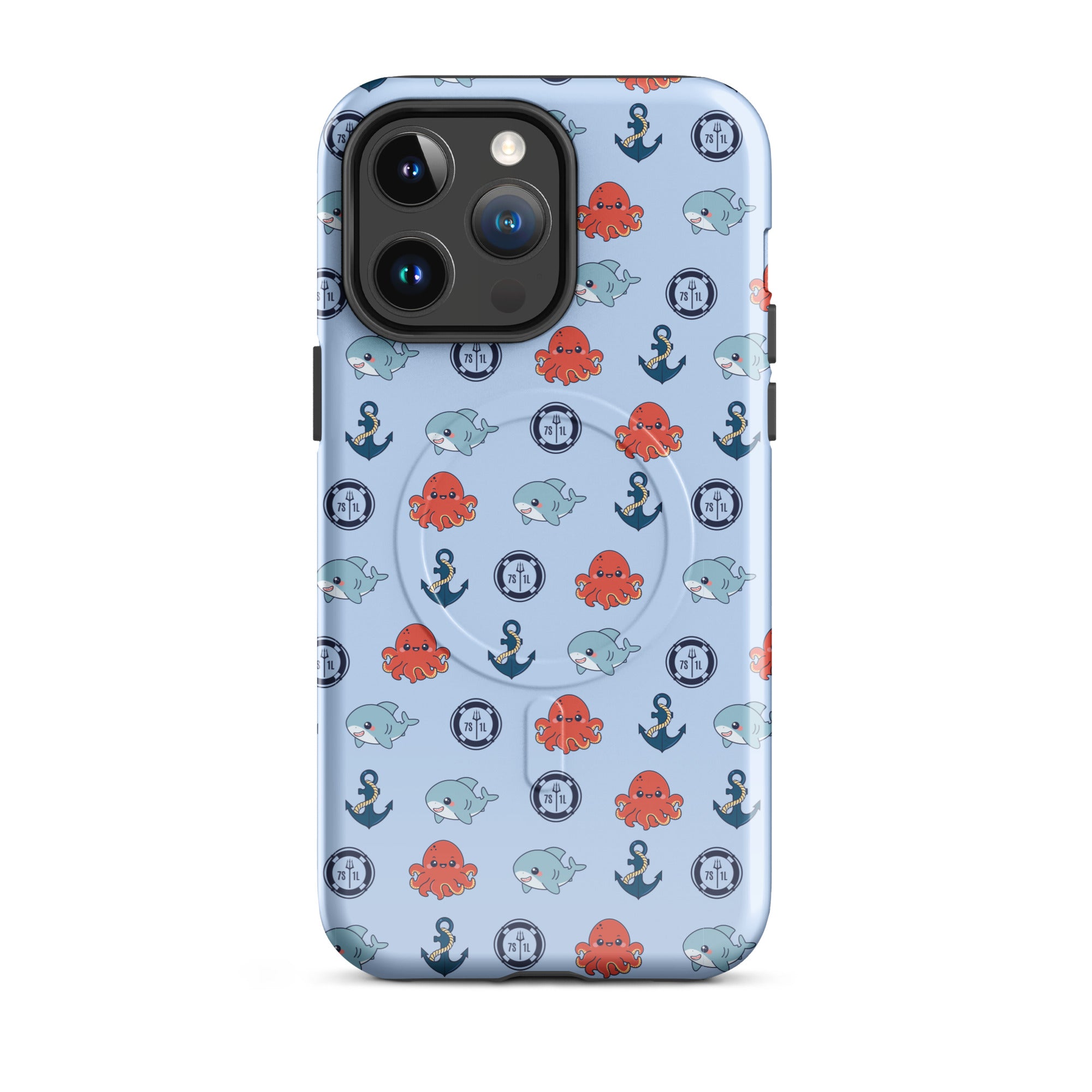 Cute Ocean Party iPhone Case sky blue with baby shark and baby octopus