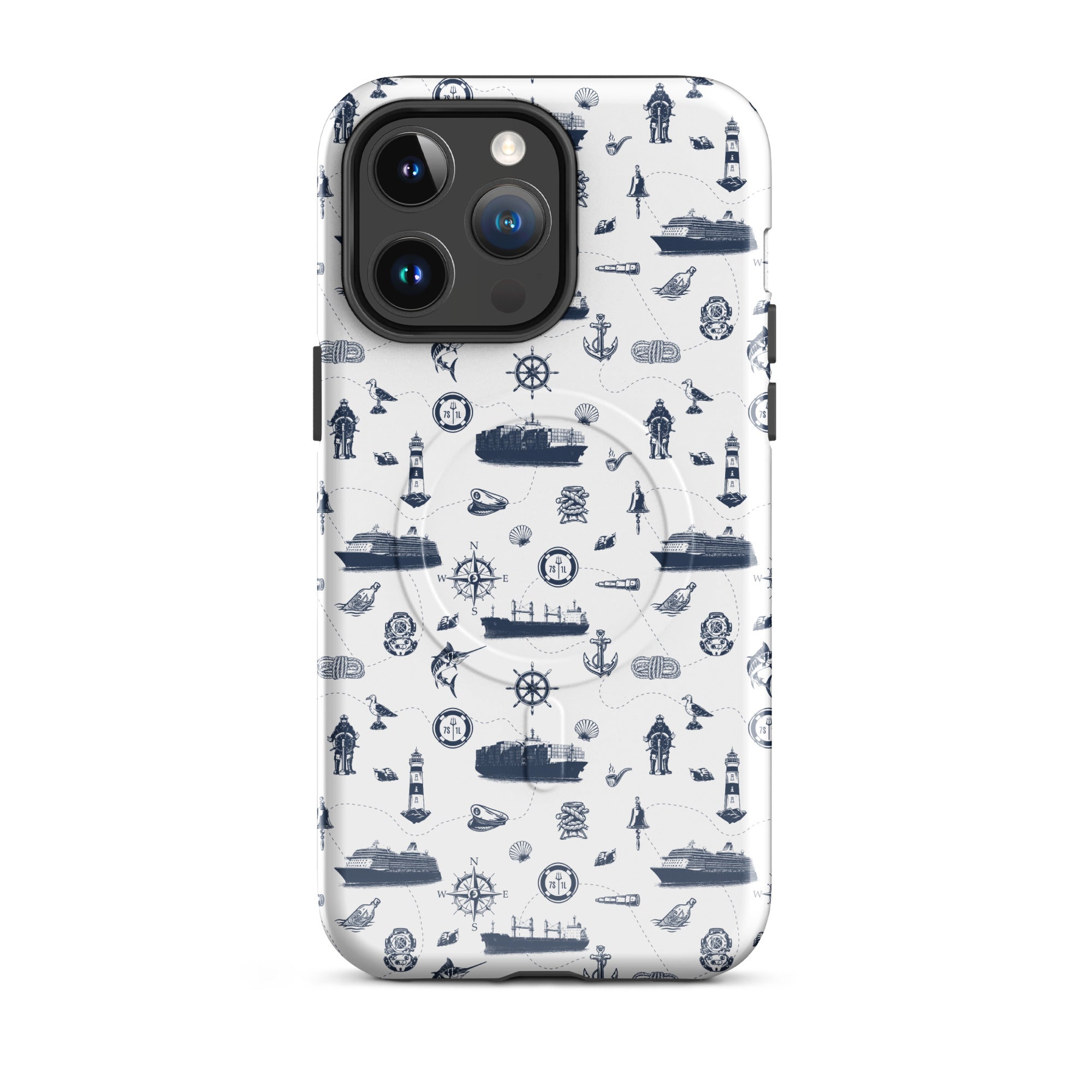 iPhone case with navy lexury nautical pattern on a white background