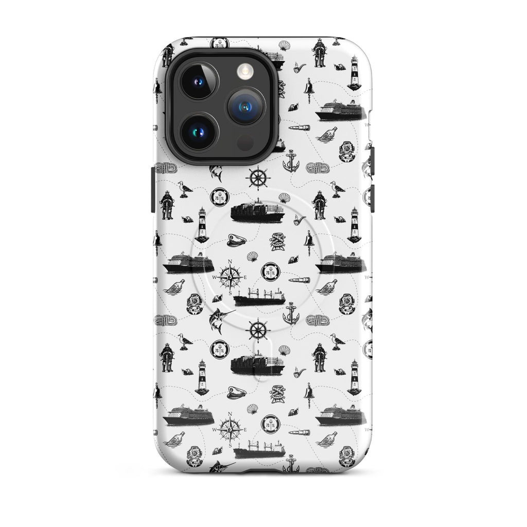 Luxury cruise iPhone case with black and white maritime pattern on a cruise ship