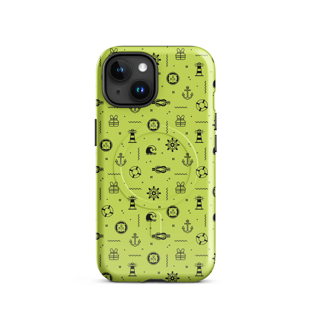 IPhone case with black pattern on a lemon green background