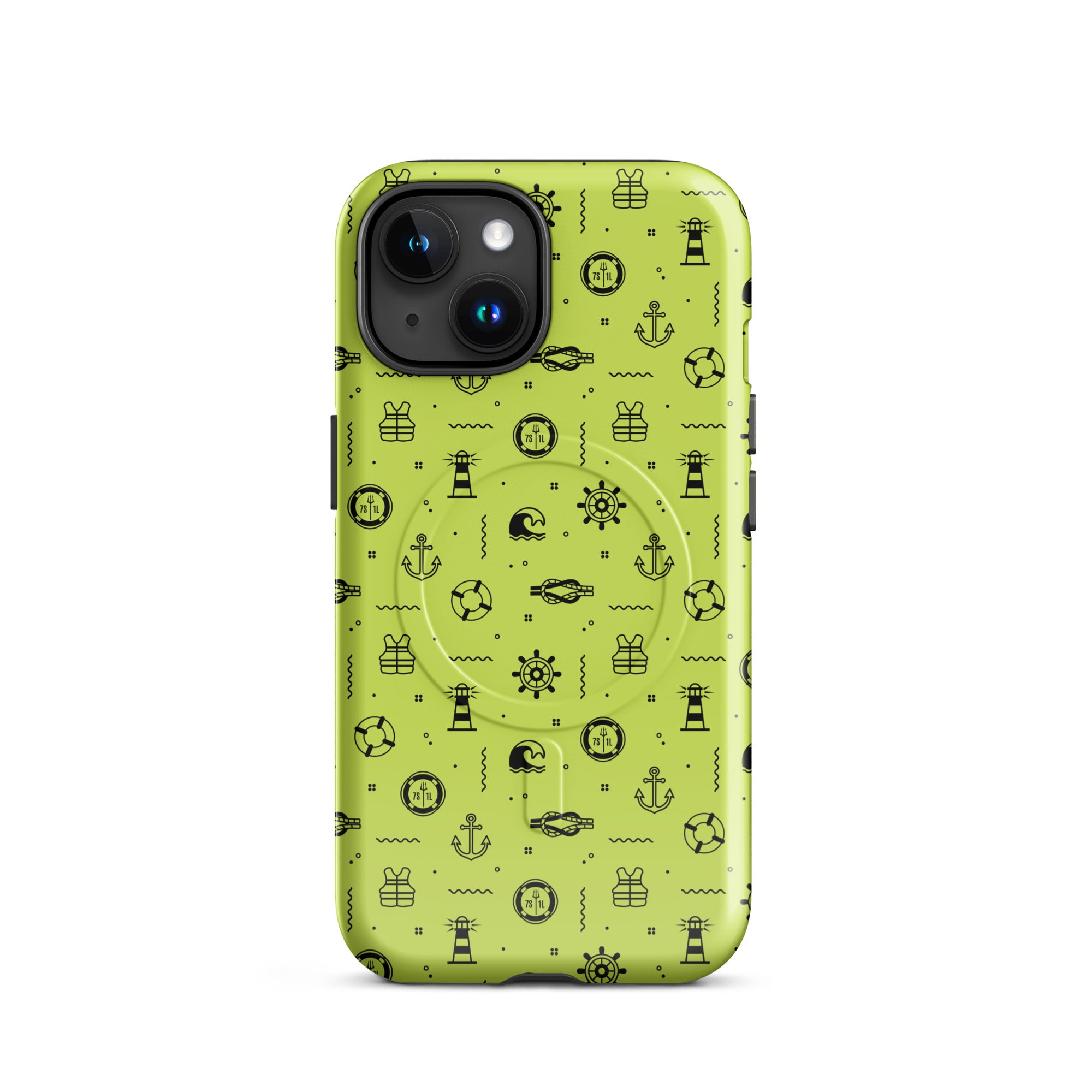 IPhone case with black pattern on a lemon green background