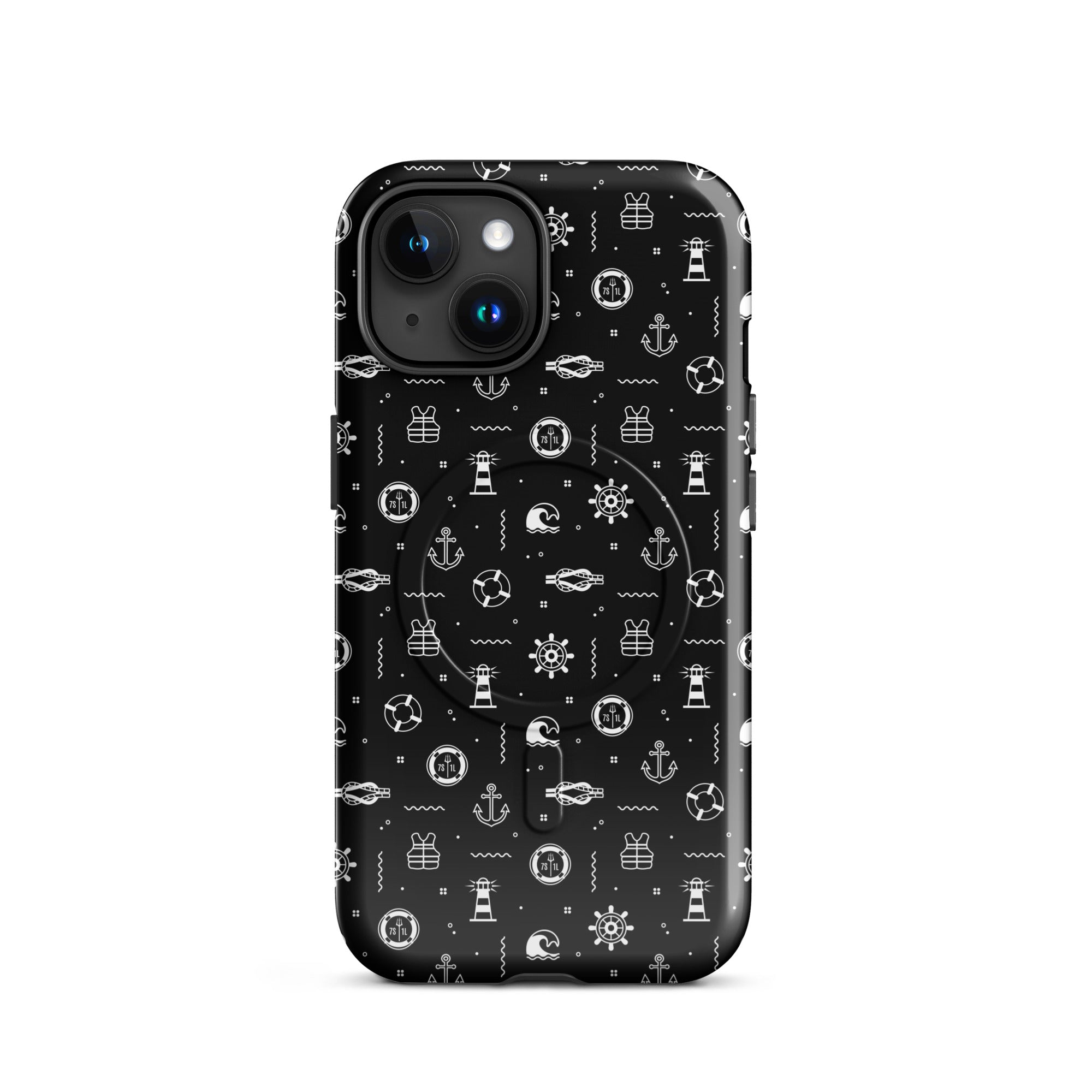iPhone case with maritime pattern on a black background
