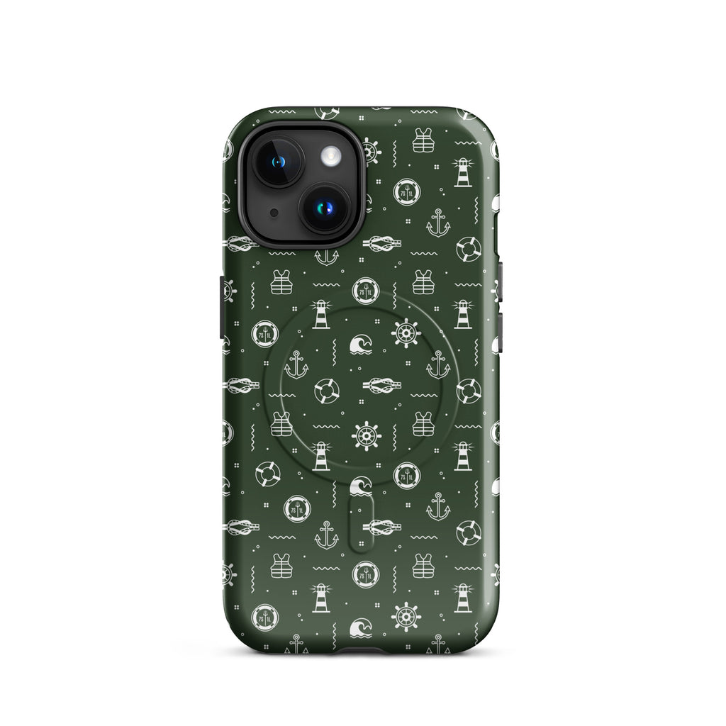 iPhone case with maritime pattern on a green background