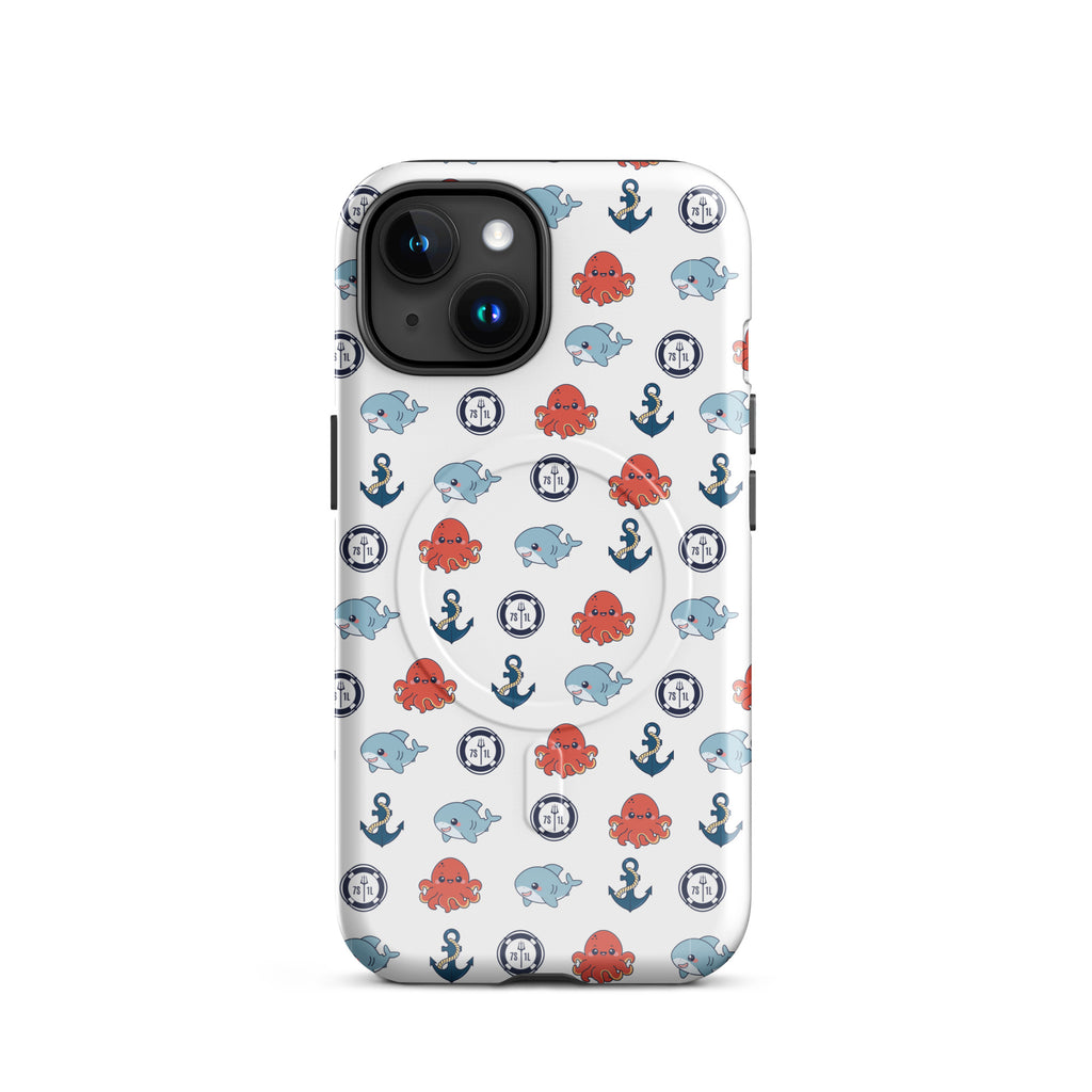 Phone case with nautical pattern featuring octopuses, anchors, and whales on a white background