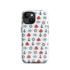 Phone case with nautical pattern featuring octopuses, anchors, and whales on a white background