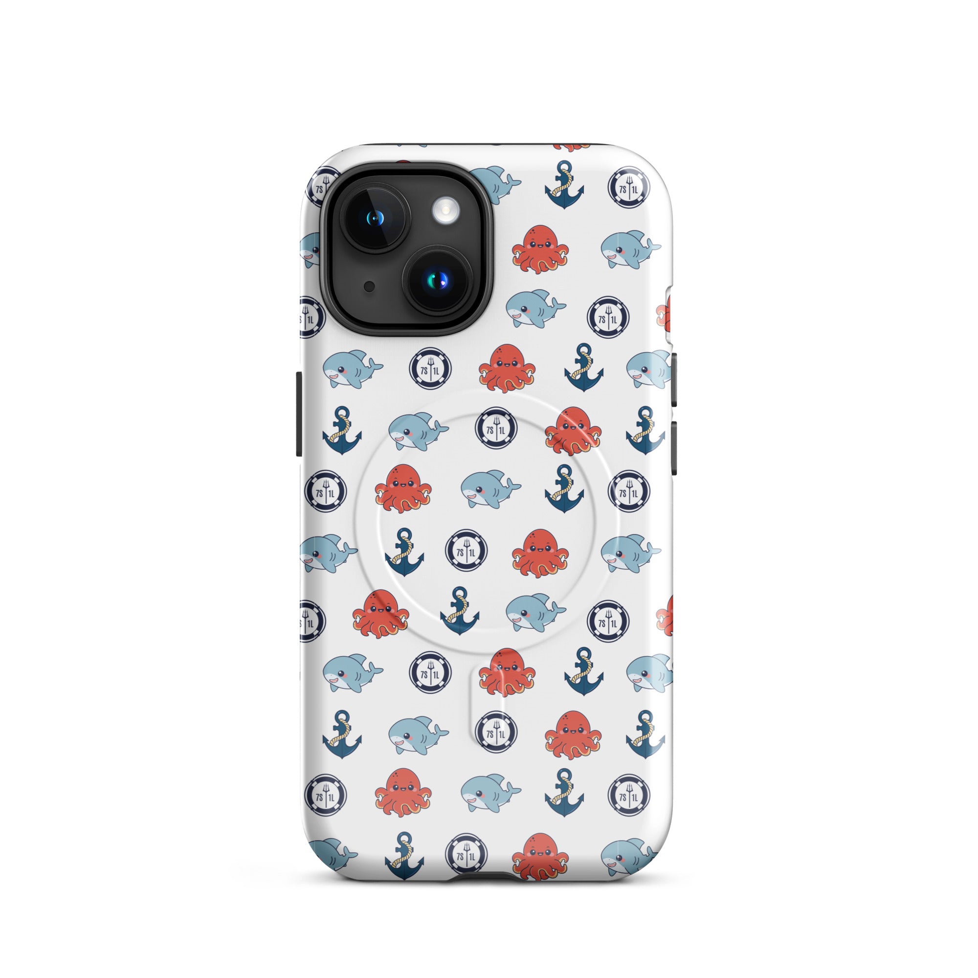 Phone case with nautical pattern featuring octopuses, anchors, and whales on a white background