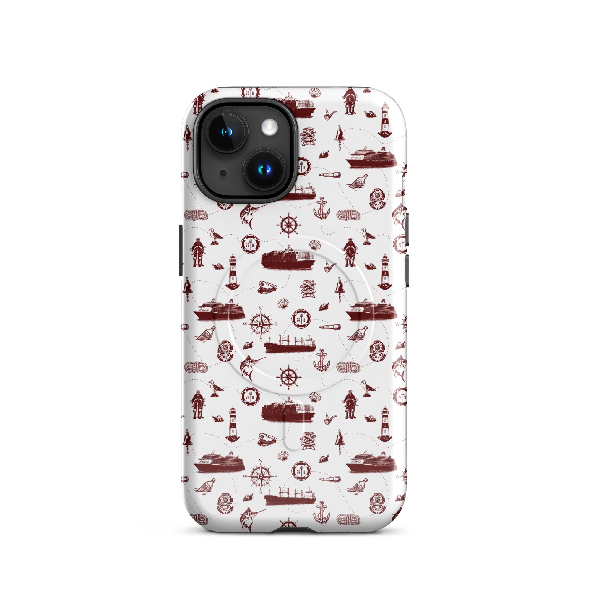 Phone case with red maritime pattern on a white background