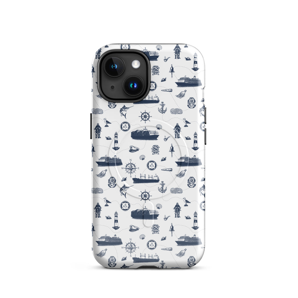 iPhone case with navy lexury nautical pattern on a white background
