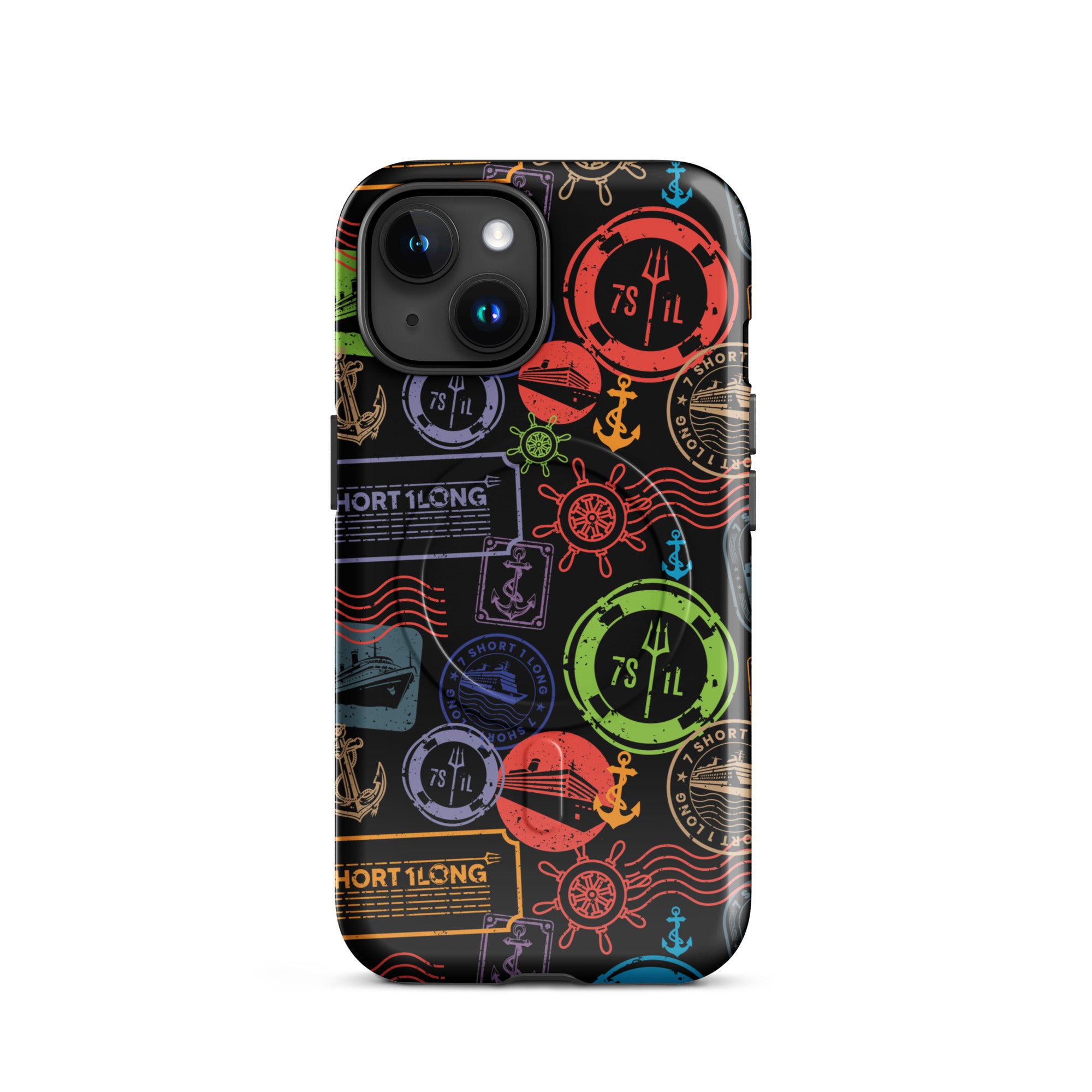 iPhone case with passport stamps and  black background