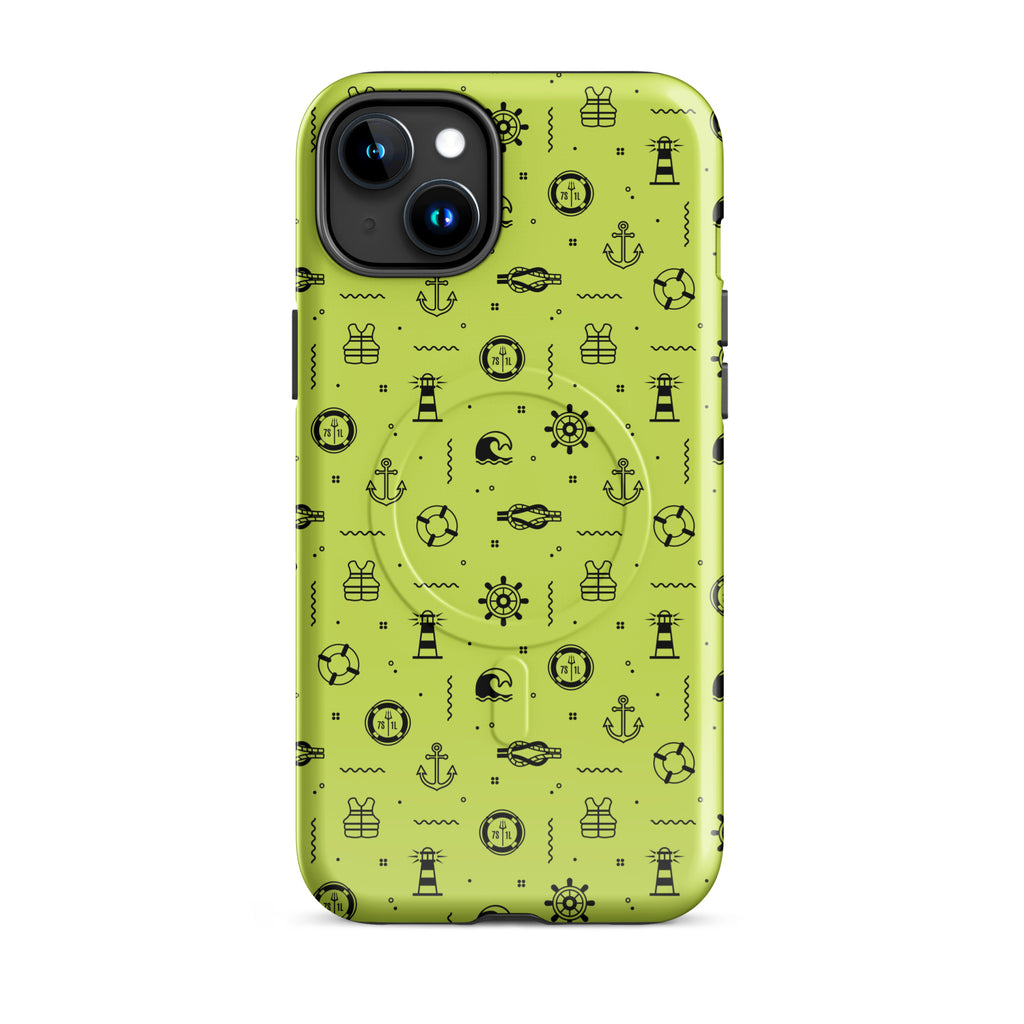 IPhone case with black pattern on a lemon green background