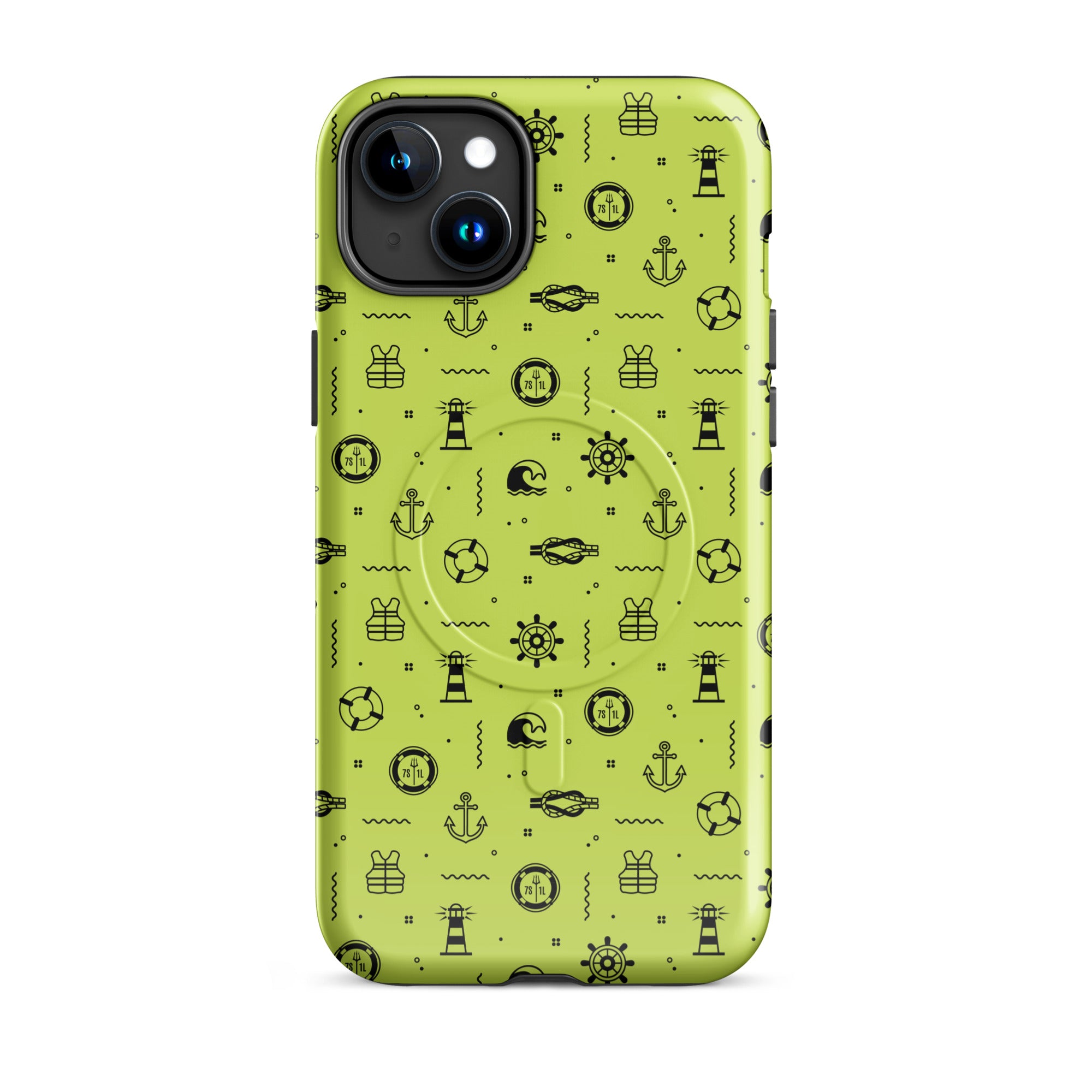 IPhone case with black pattern on a lemon green background