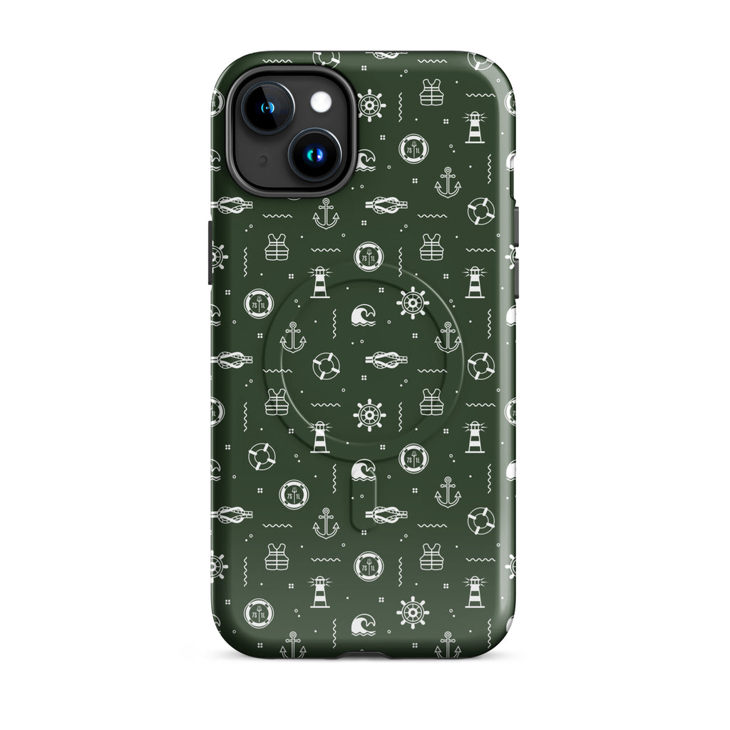 iPhone case with maritime pattern on a green background