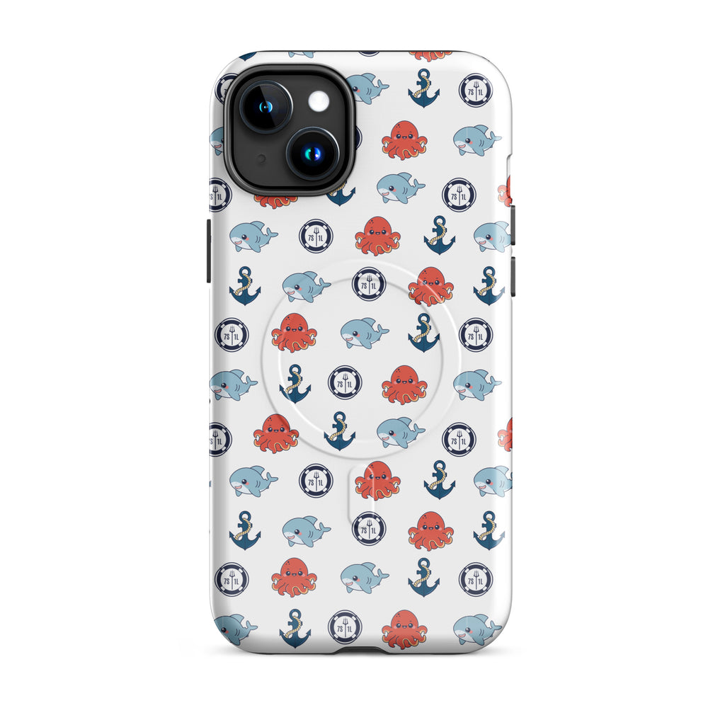 Phone case with nautical pattern featuring octopuses, whales, and anchors on a white background