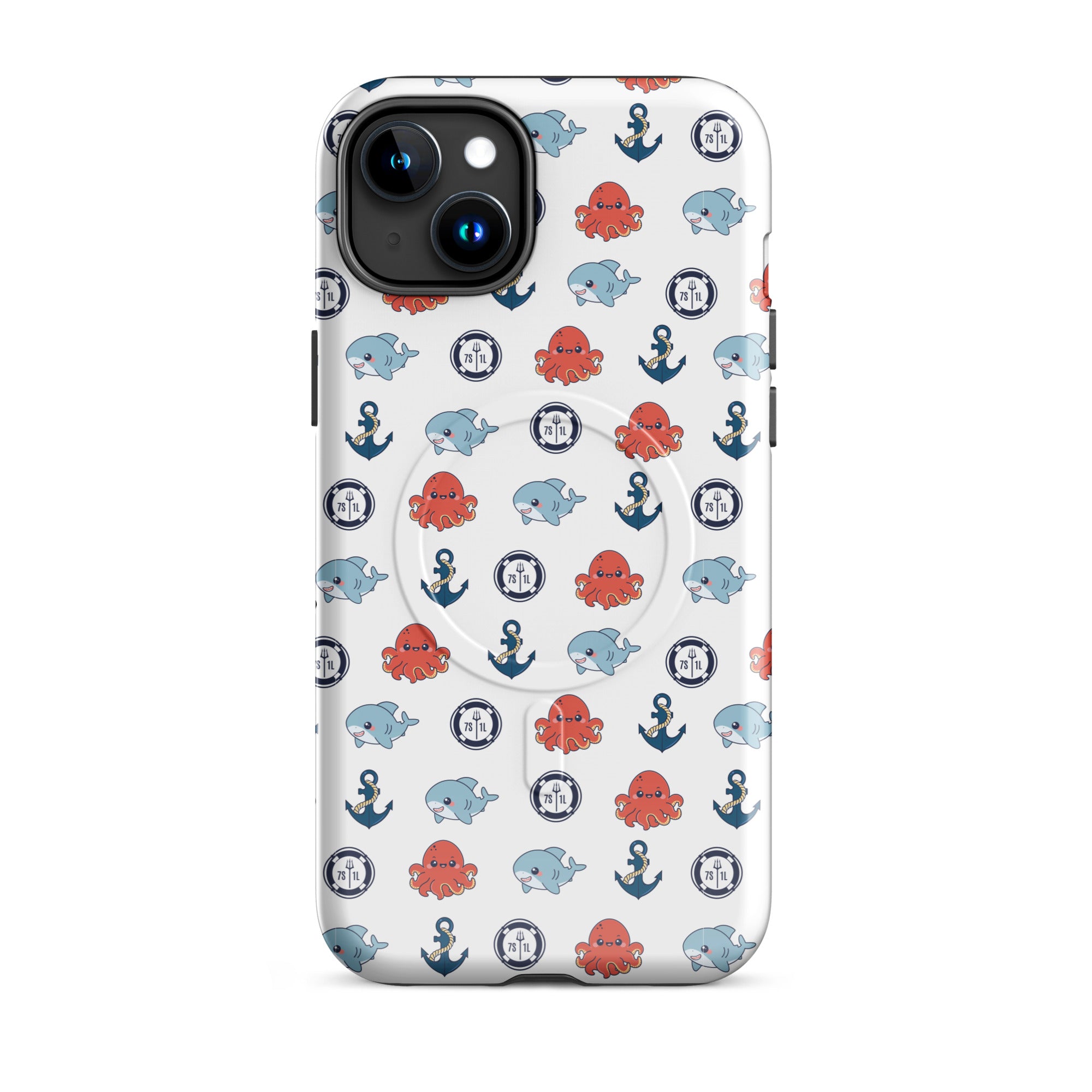Phone case with nautical pattern featuring octopuses, whales, and anchors on a white background