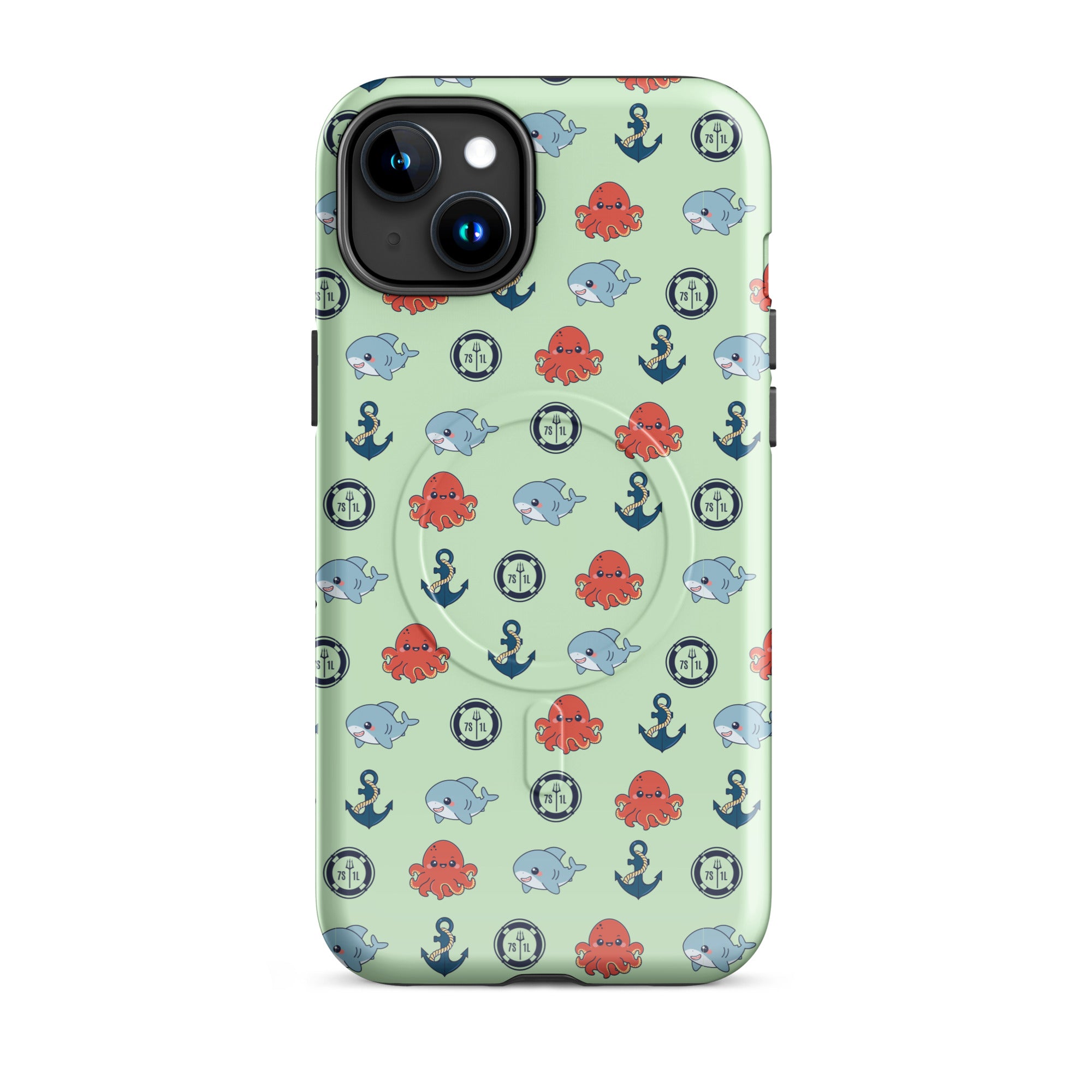 Phone case with nautical pattern featuring baby octopuses, anchors, and baby shark