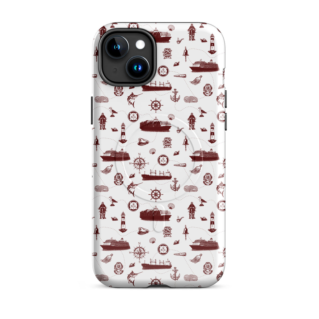 Phone case with red maritime pattern on a white background