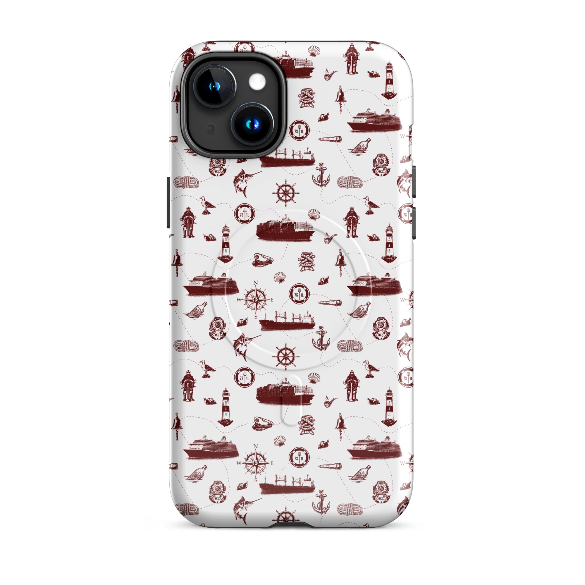 Phone case with red maritime pattern on a white background